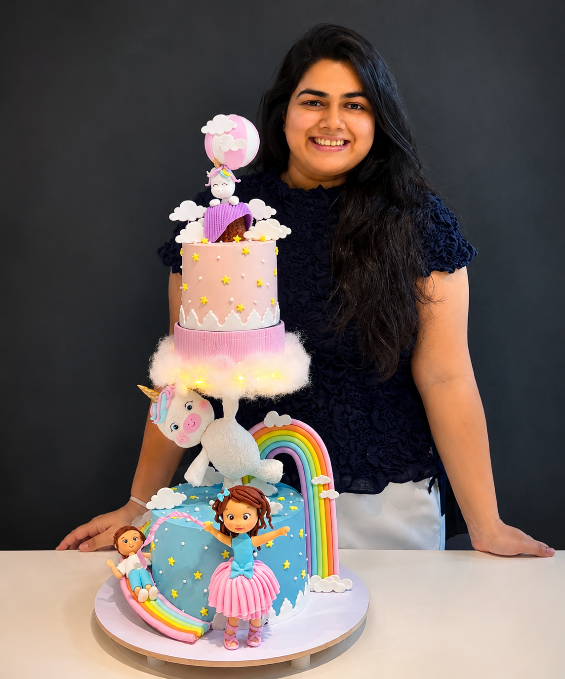 Cake artist hand-piping a pastel custom cake in a warm home kitchen