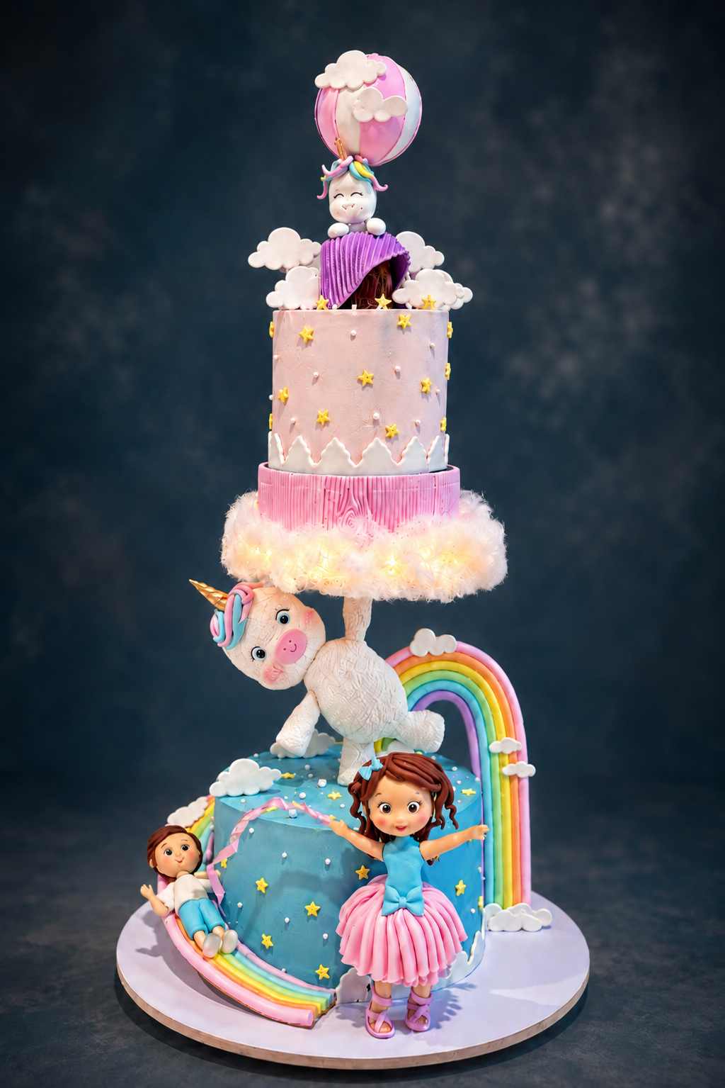 Anti-gravity unicorn theme cake with rainbow, clouds and figurines